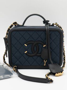 CHANEL Medium Caviar Filigree Vanity Case Navy/Black